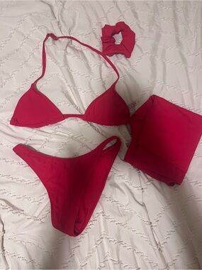 Women’s Triangle Bikini Set with Scrunchie - Red